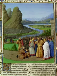 Ms Fr 247 fol.135 Dawid Nauka o śmierci Saula, ilustracja z „Antiquites Judaiques”, c.1470
